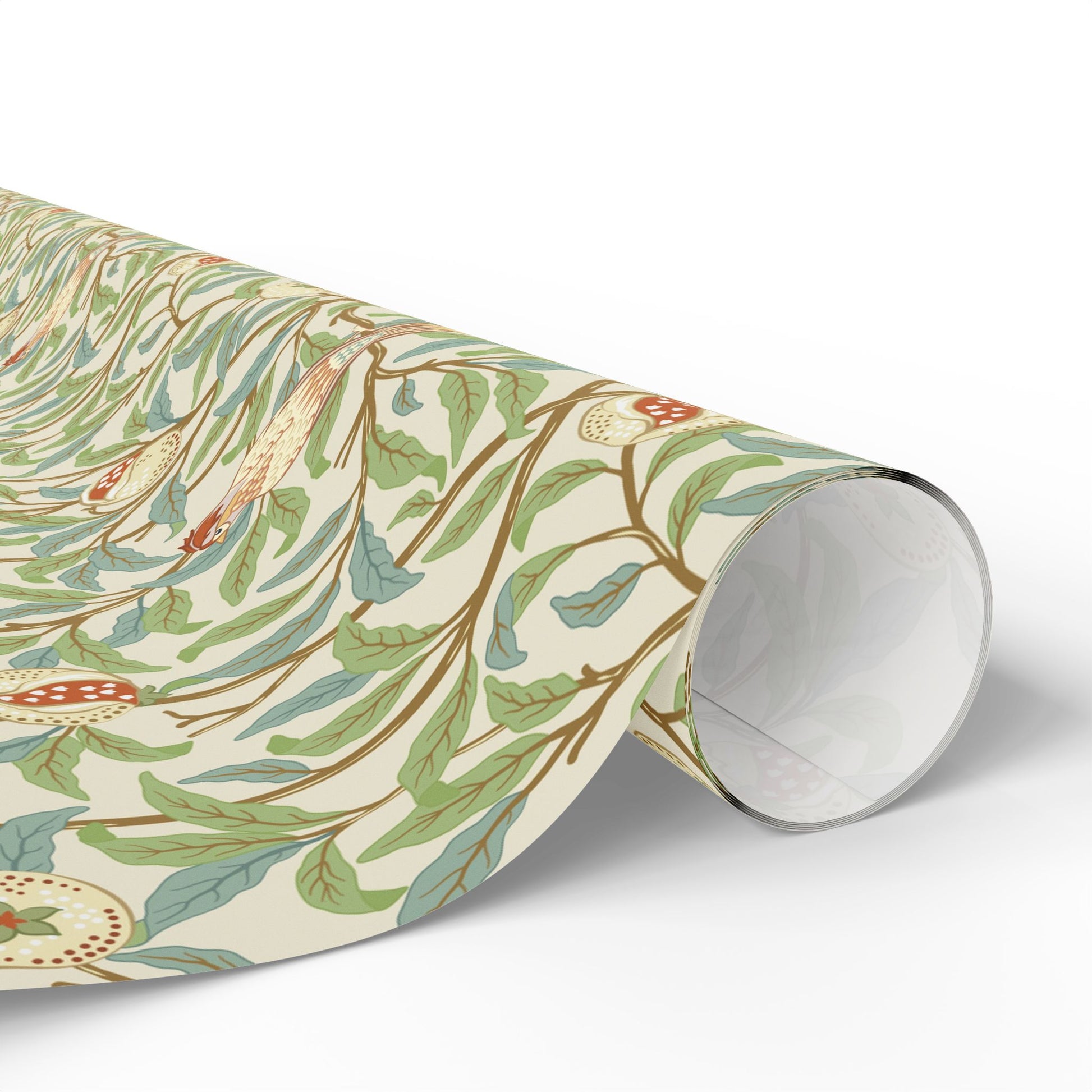 Roll of decorative paper with intricate floral pattern on a white background