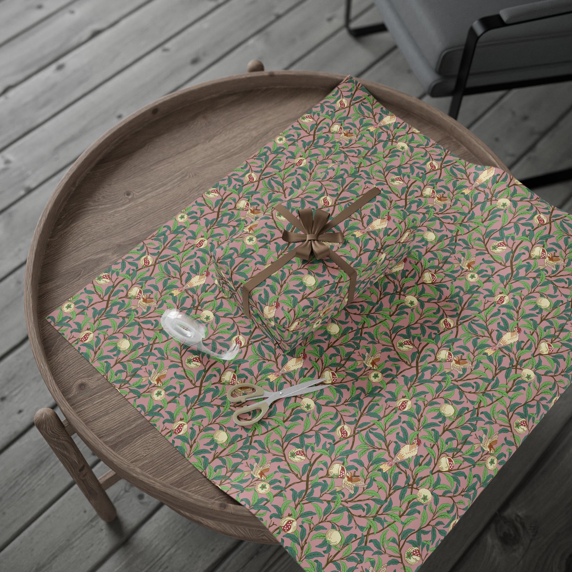 Decorative tablecloth with floral pattern on a wooden tray outdoors