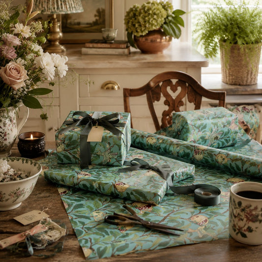 A styled tabletop scene showing wrapped presents and wrapping paper with a botanical floral print in teal, green, and cream tones. The scene includes flowers, a candle, scissors, tape, a mug, and a chair in a real indoor room setting, so this is Lifestyle rather than Product/Packaging.