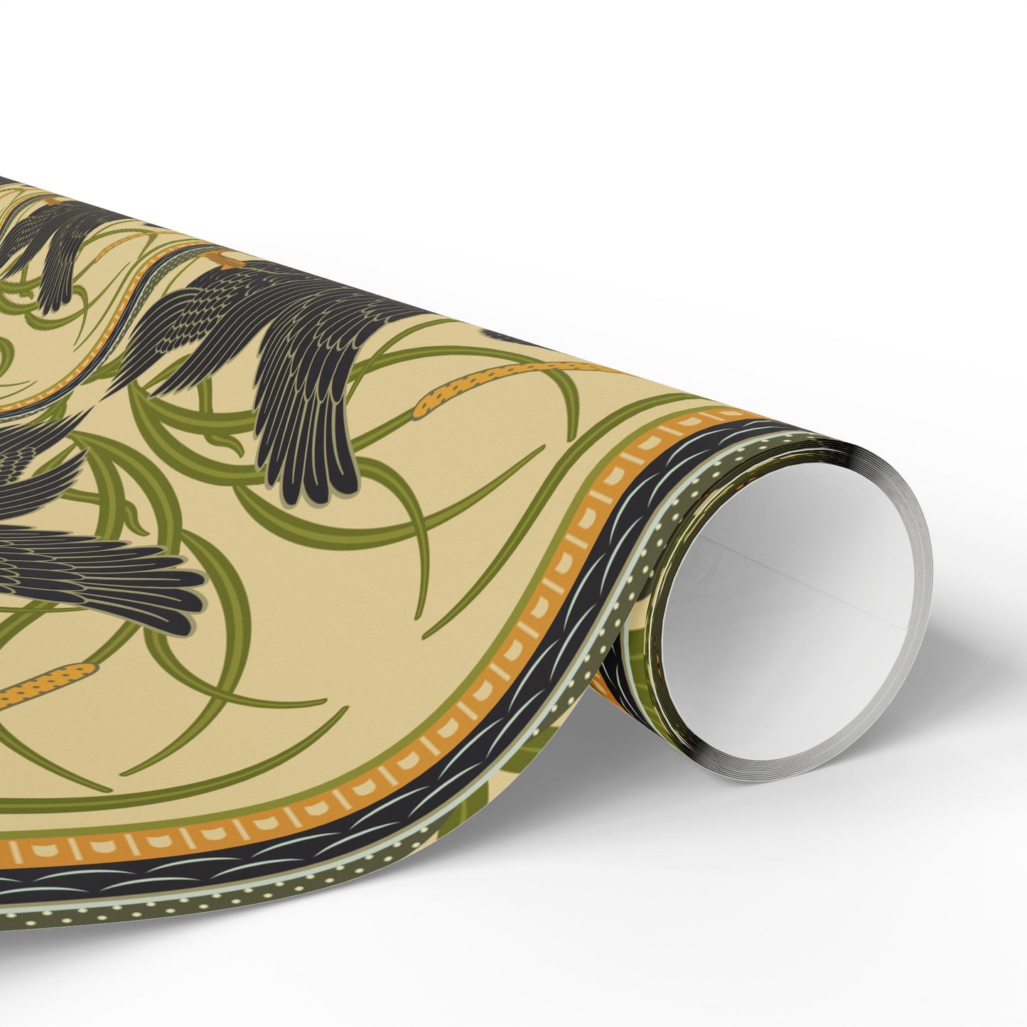 Roll of decorative paper with black bird and green leaf pattern on a beige background