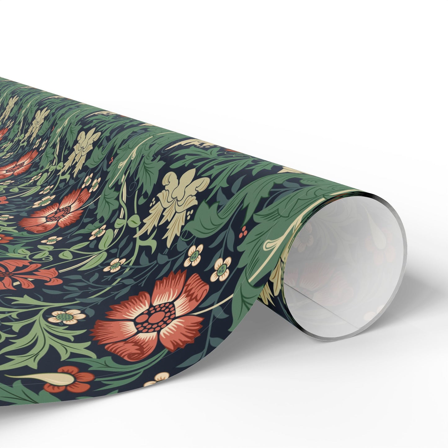 Roll of floral patterned paper on a white background