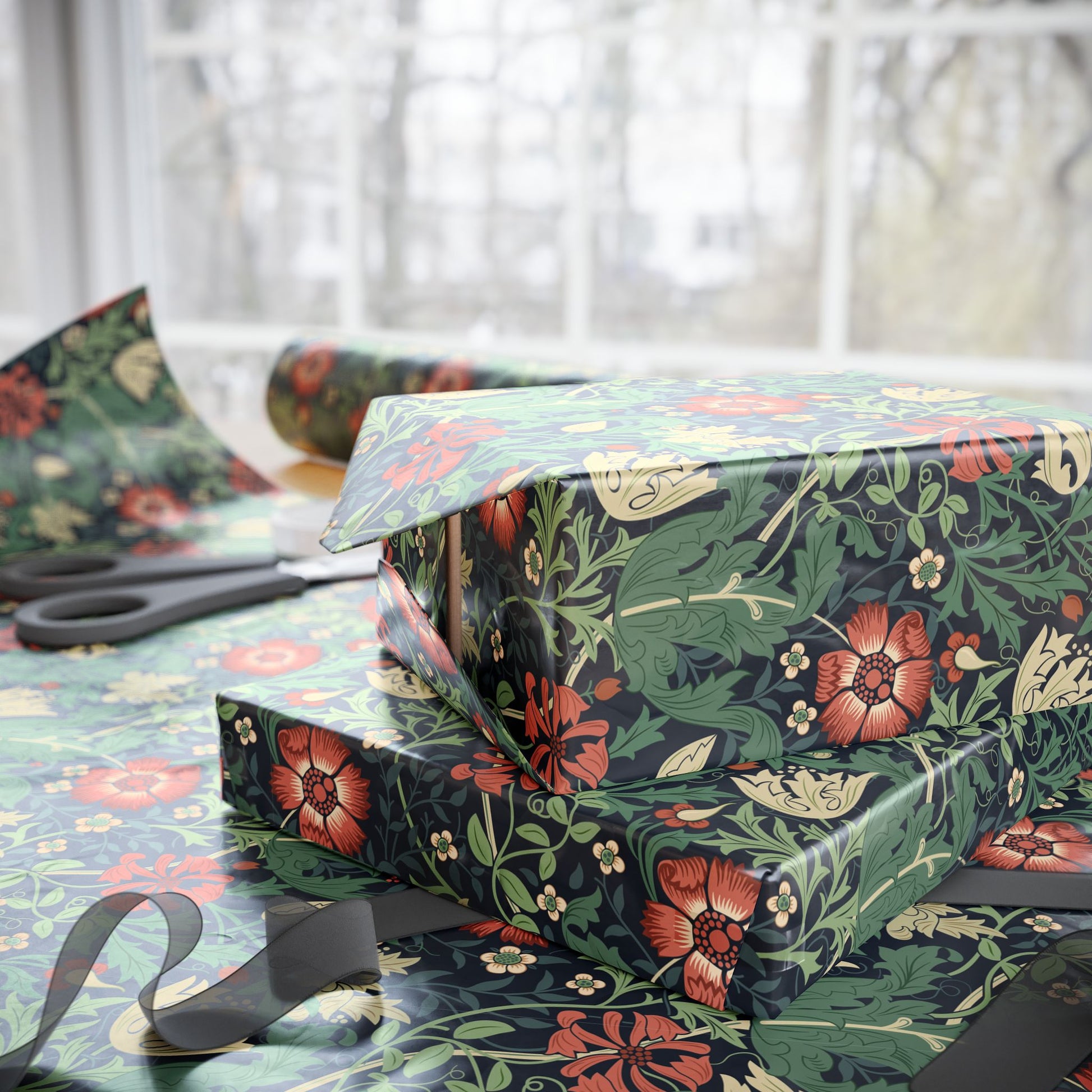 Gift boxes wrapped in floral patterned paper with scissors on a matching tablecloth.
