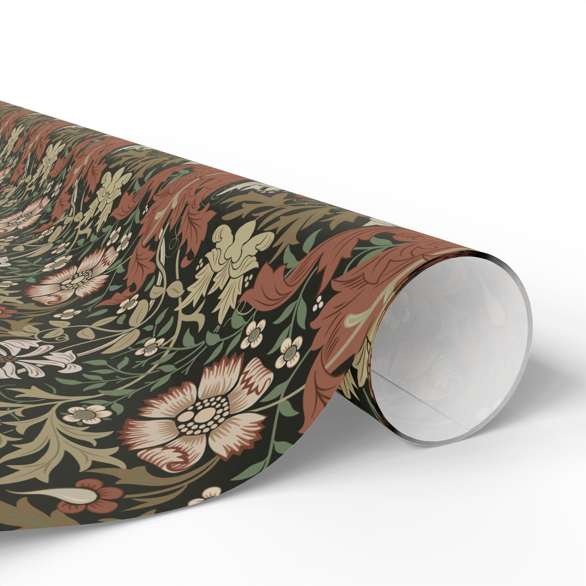 Roll of floral-patterned paper on a white background
