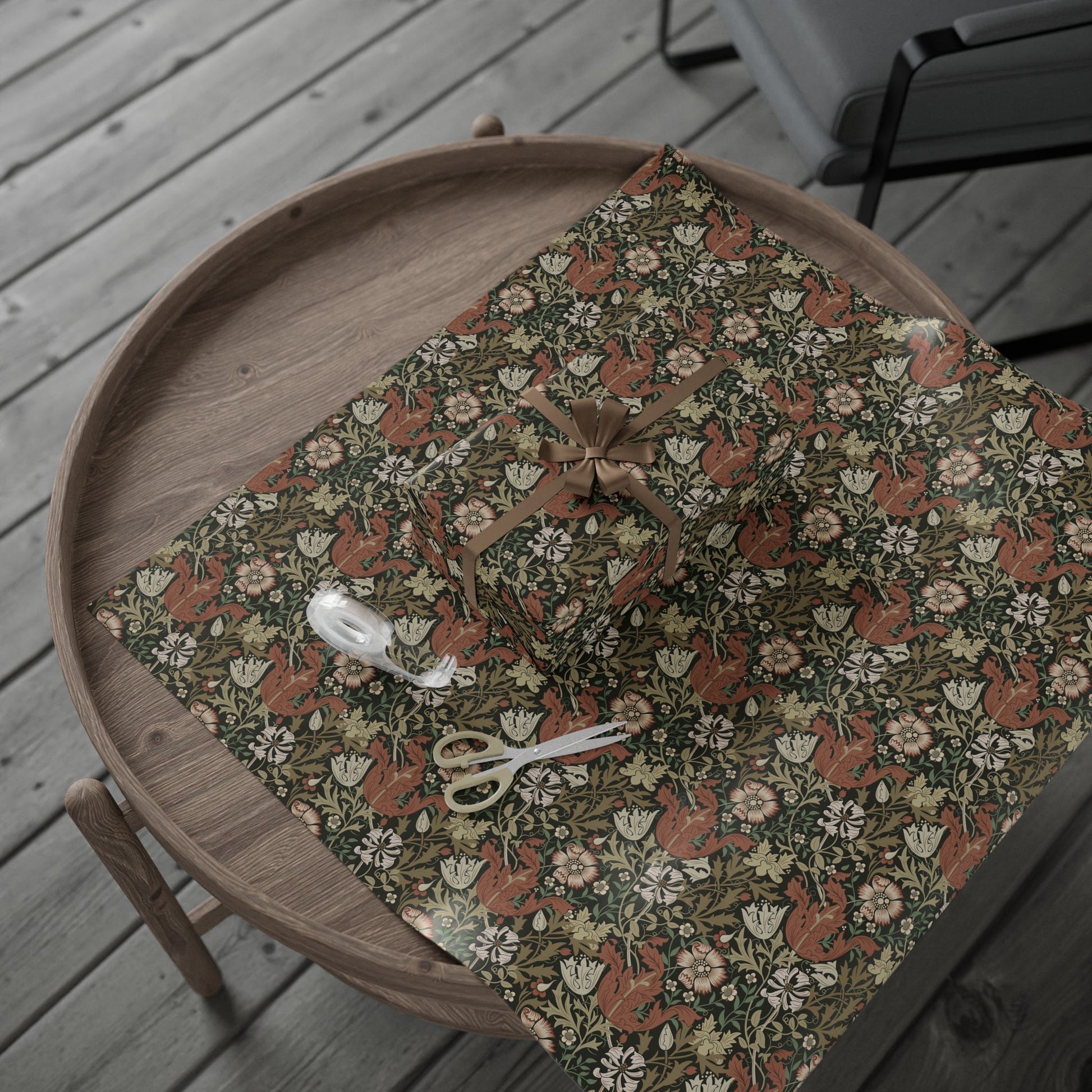 Wooden tray with a floral patterned cloth on a wooden surface