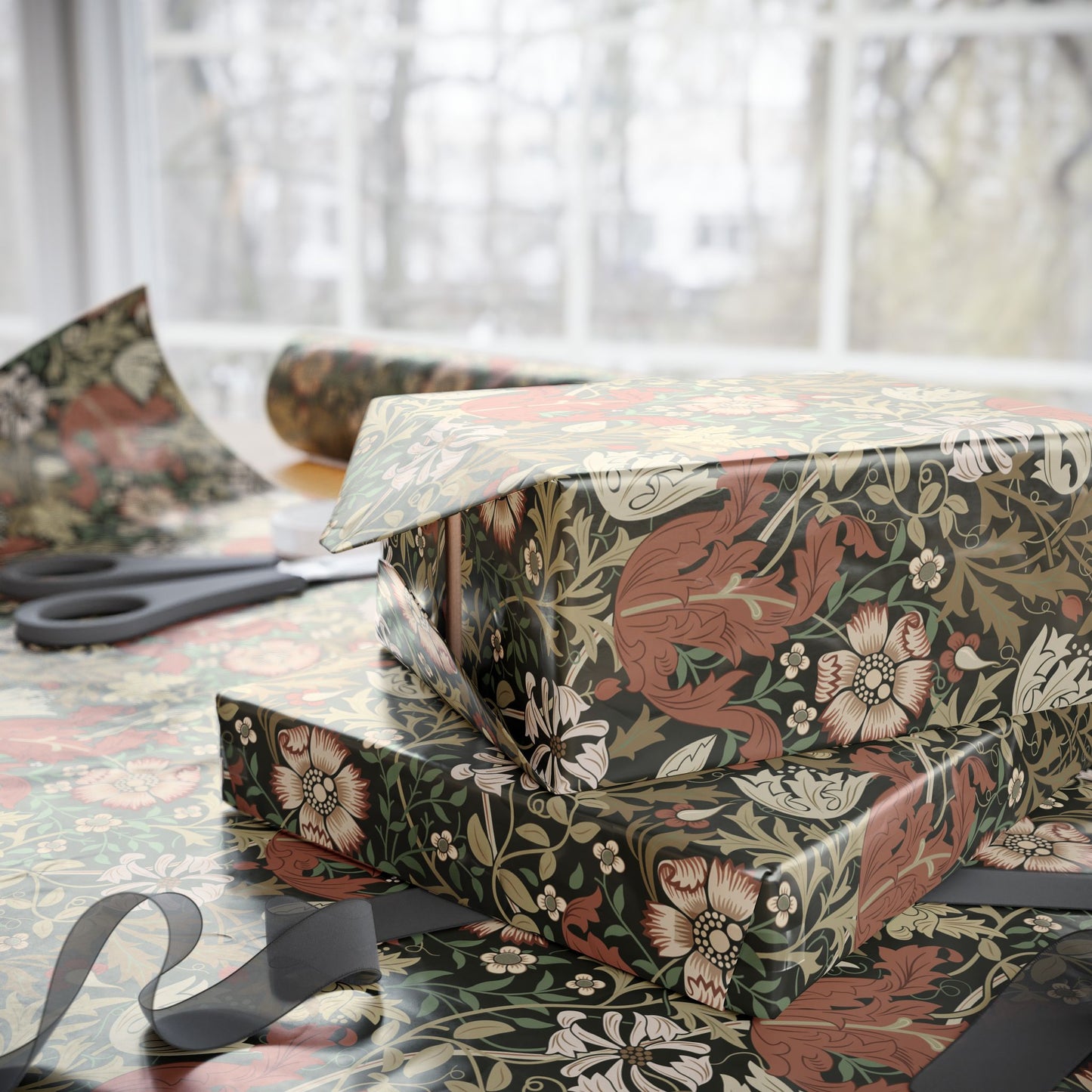 Gift boxes wrapped in floral patterned paper on a table with scissors.