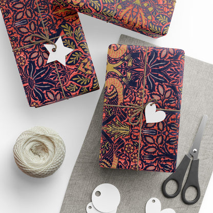 Decorative fabric with a floral William Morris & Co pattern, scissors, yarn, and tags on a white surface