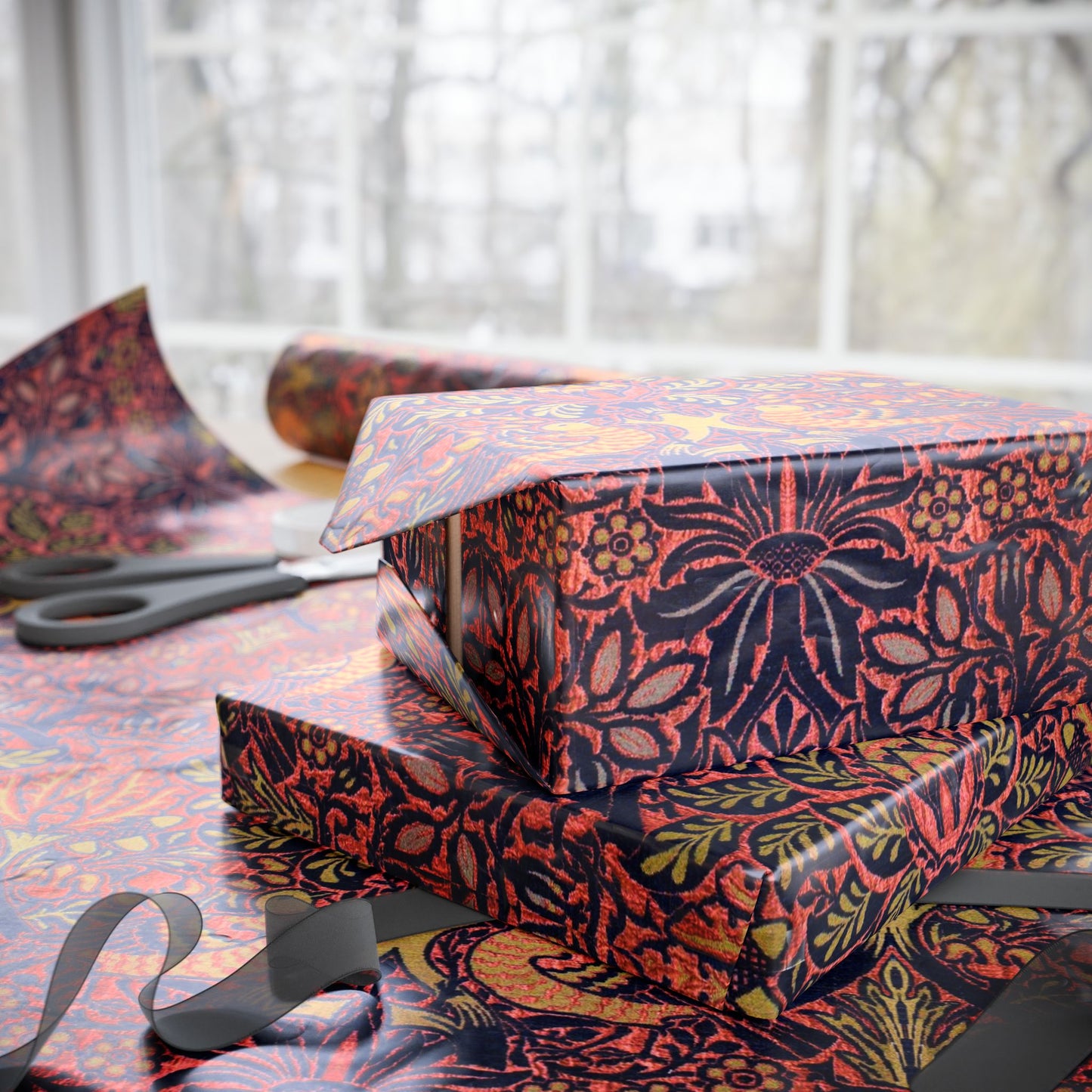 Decorative boxes with floral pattern on a table with scissors and ribbon.