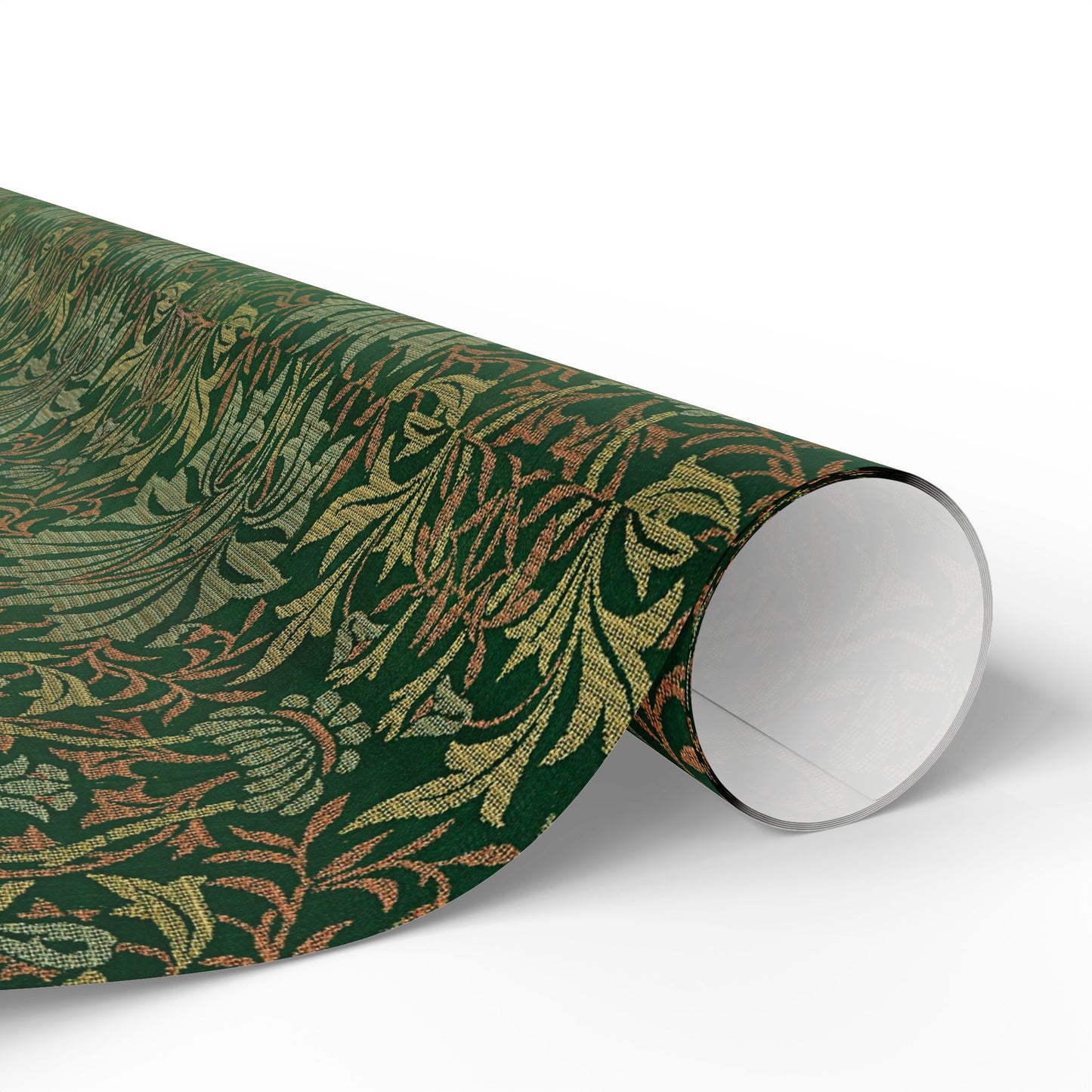 Roll of green floral patterned paper on a white background