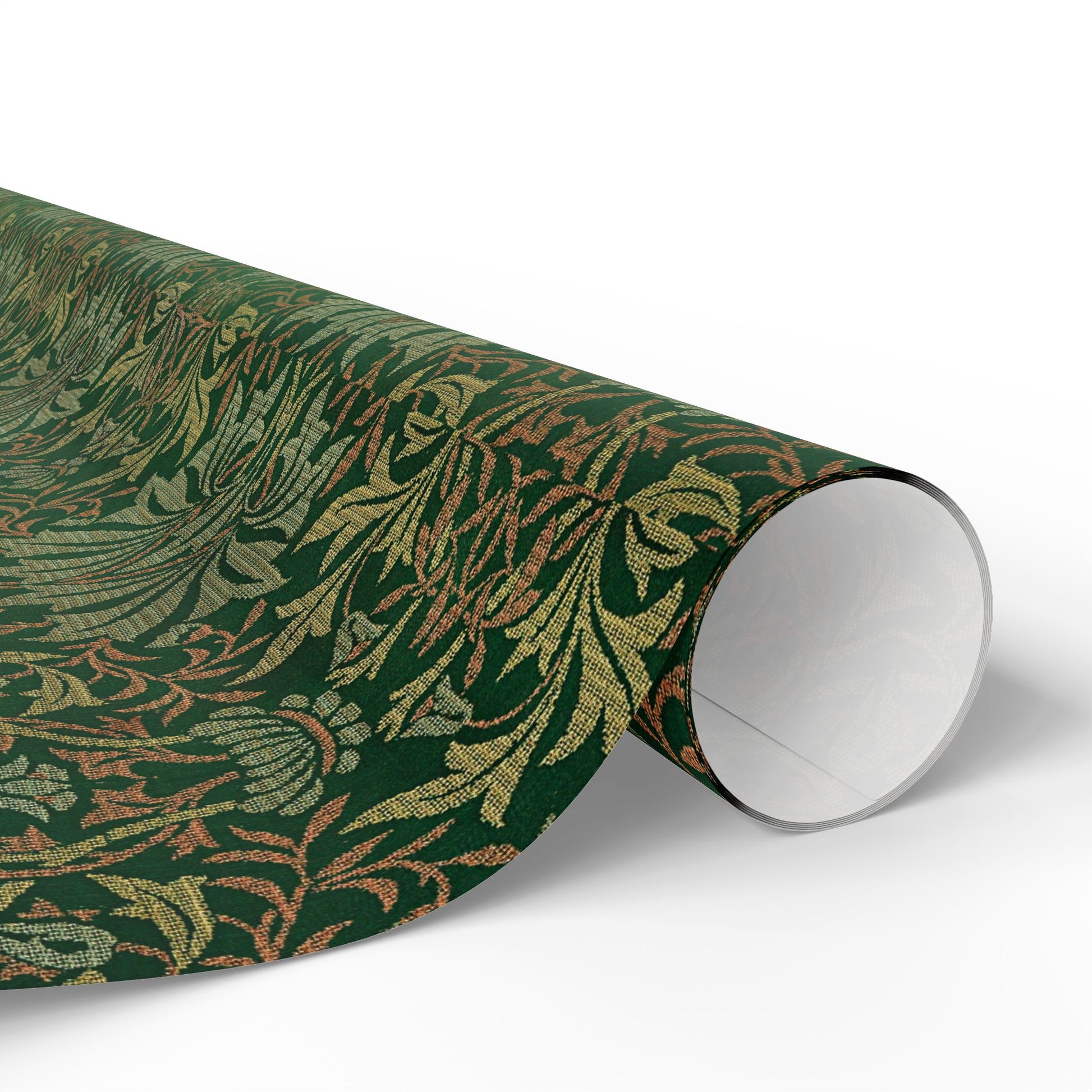 Roll of green floral patterned paper on a white background