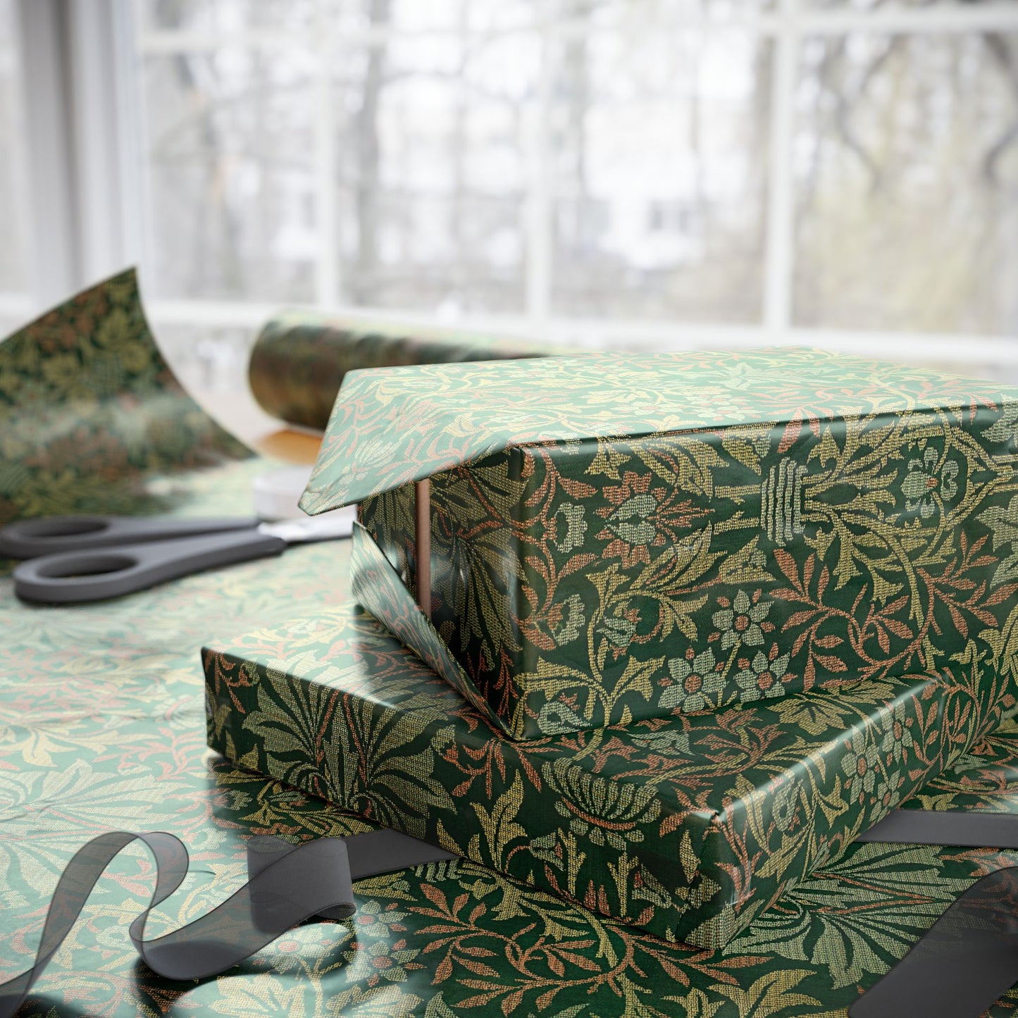 Gift box wrapped in green floral paper with scissors on a table.