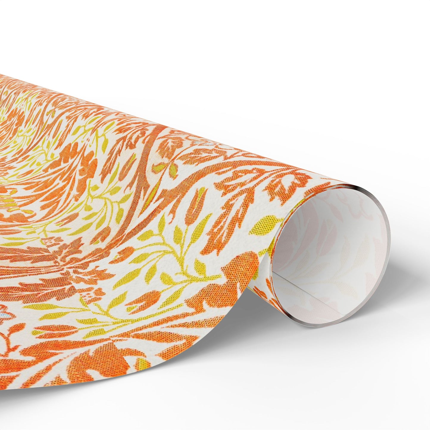 Roll of floral patterned paper with orange and yellow design on a white background