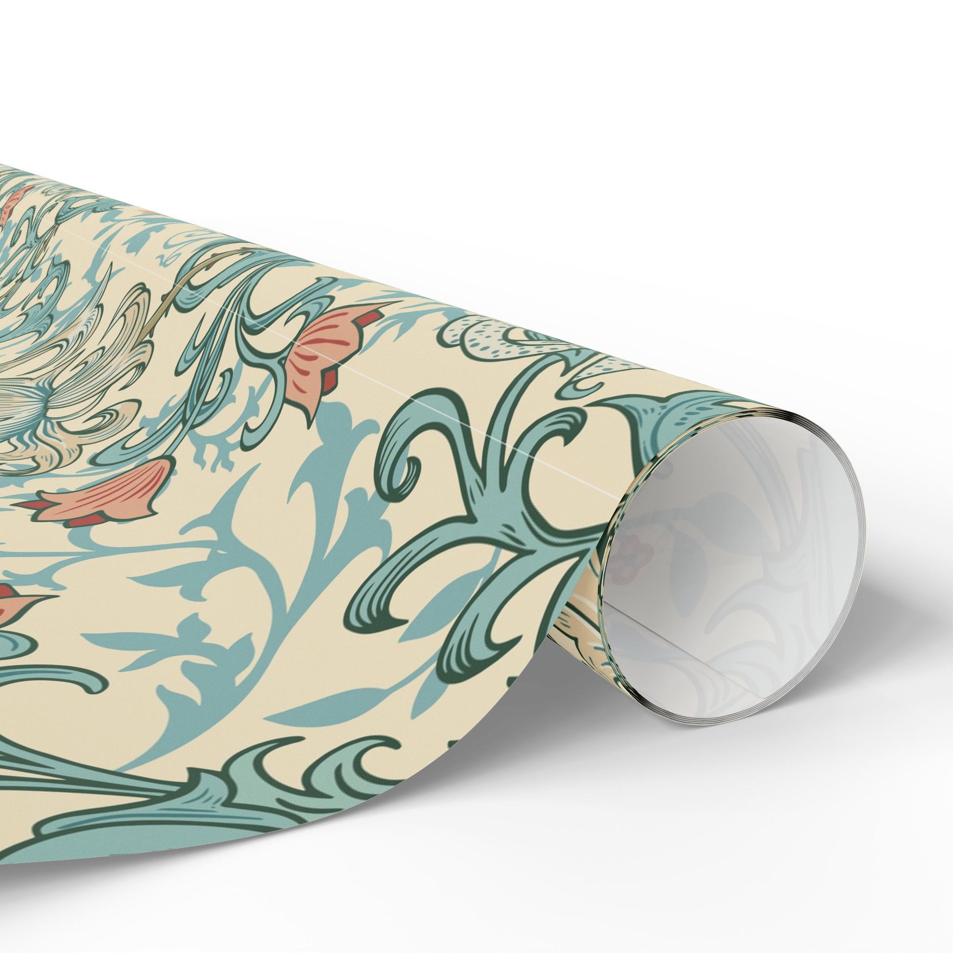 Roll of decorative paper with a floral pattern on a white background