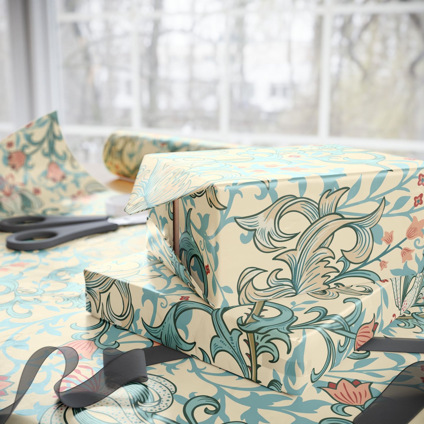 Gift box wrapped in floral patterned paper with scissors on a table.