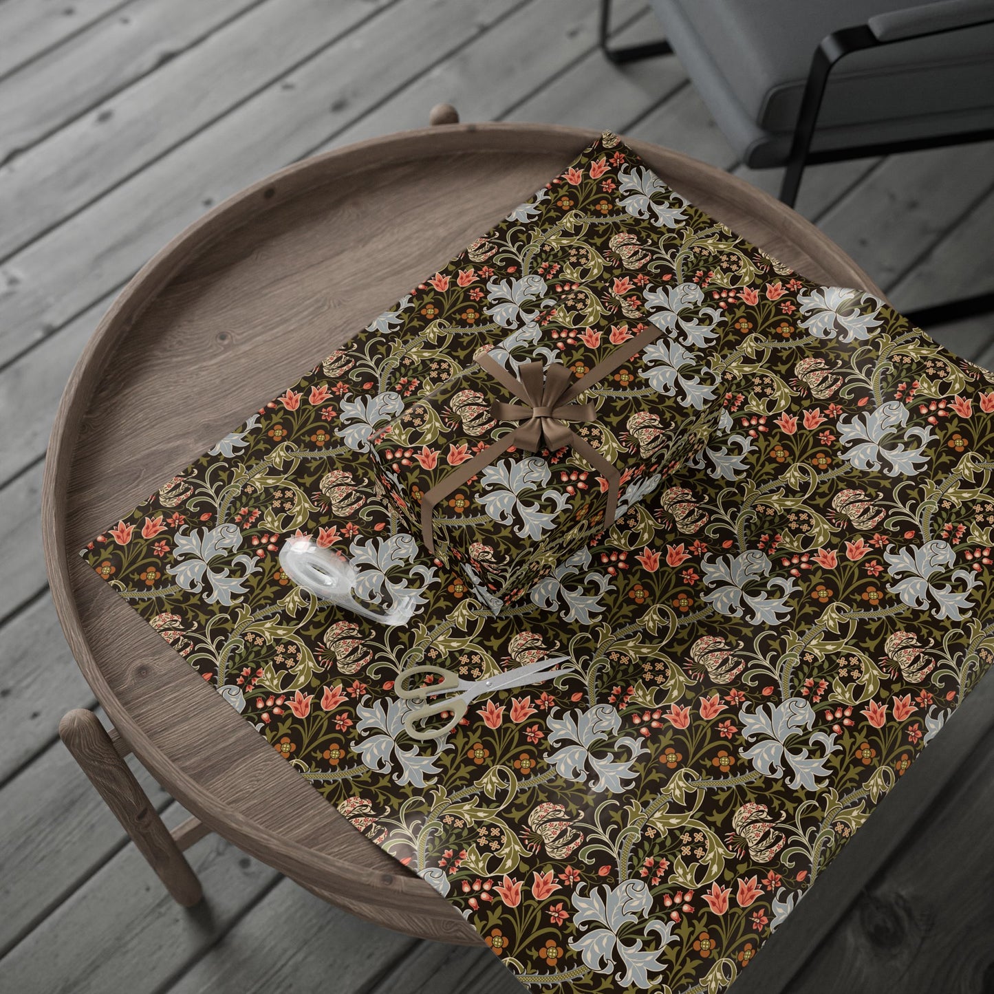 Decorative table runner with floral and butterfly pattern on a wooden tray