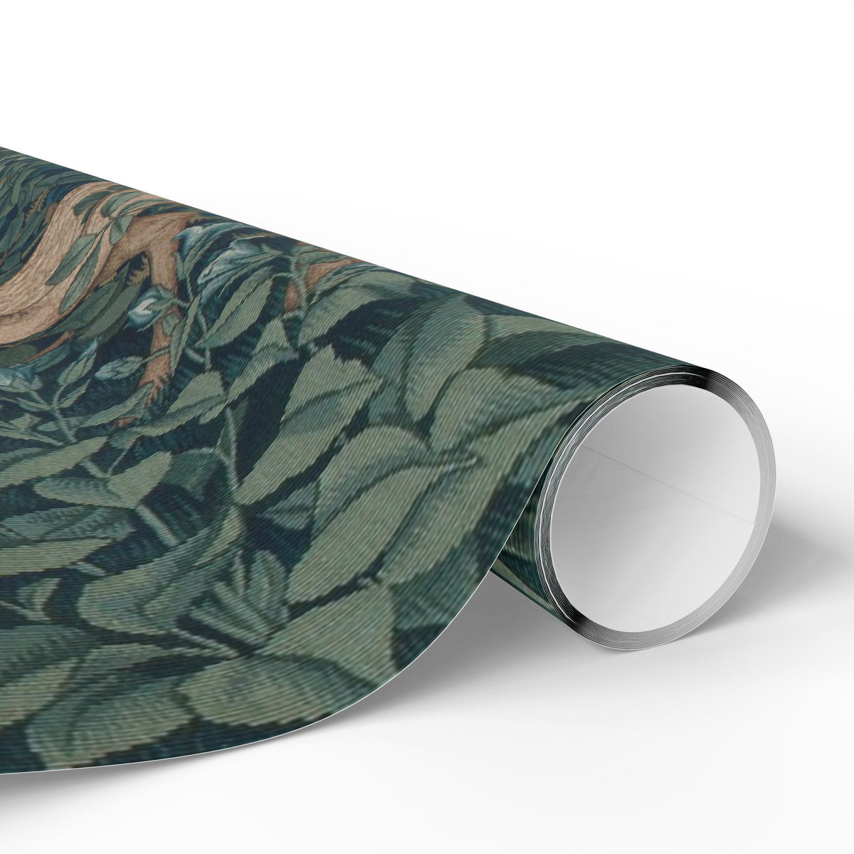 Roll of green leaf-patterned paper on a white background