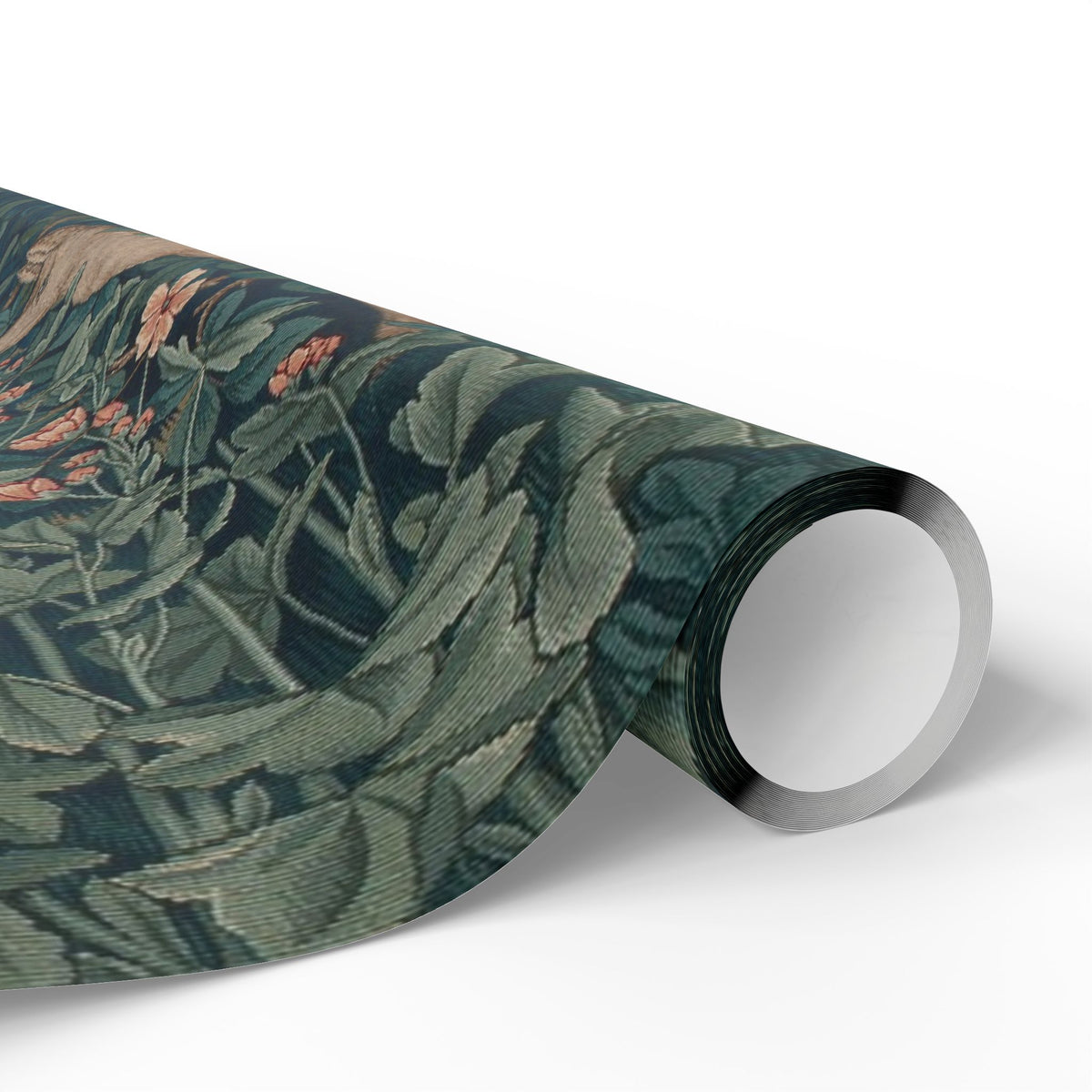 Roll of decorative paper with a leaf pattern on a white background