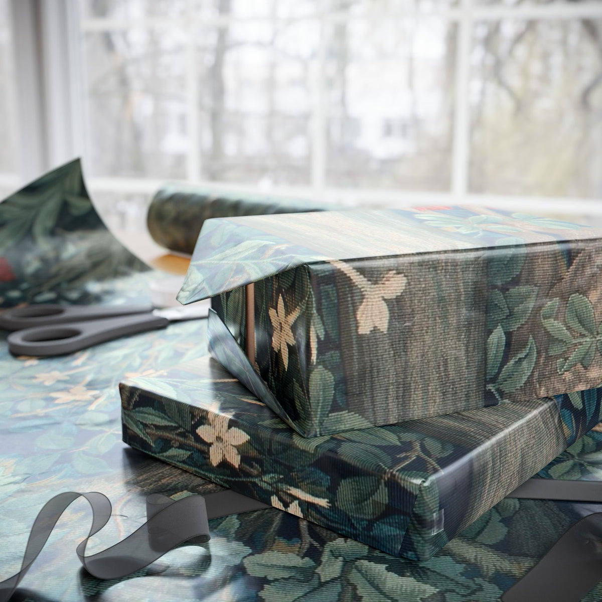 Gift box with floral pattern on a table with scissors and wrapping paper in the background.