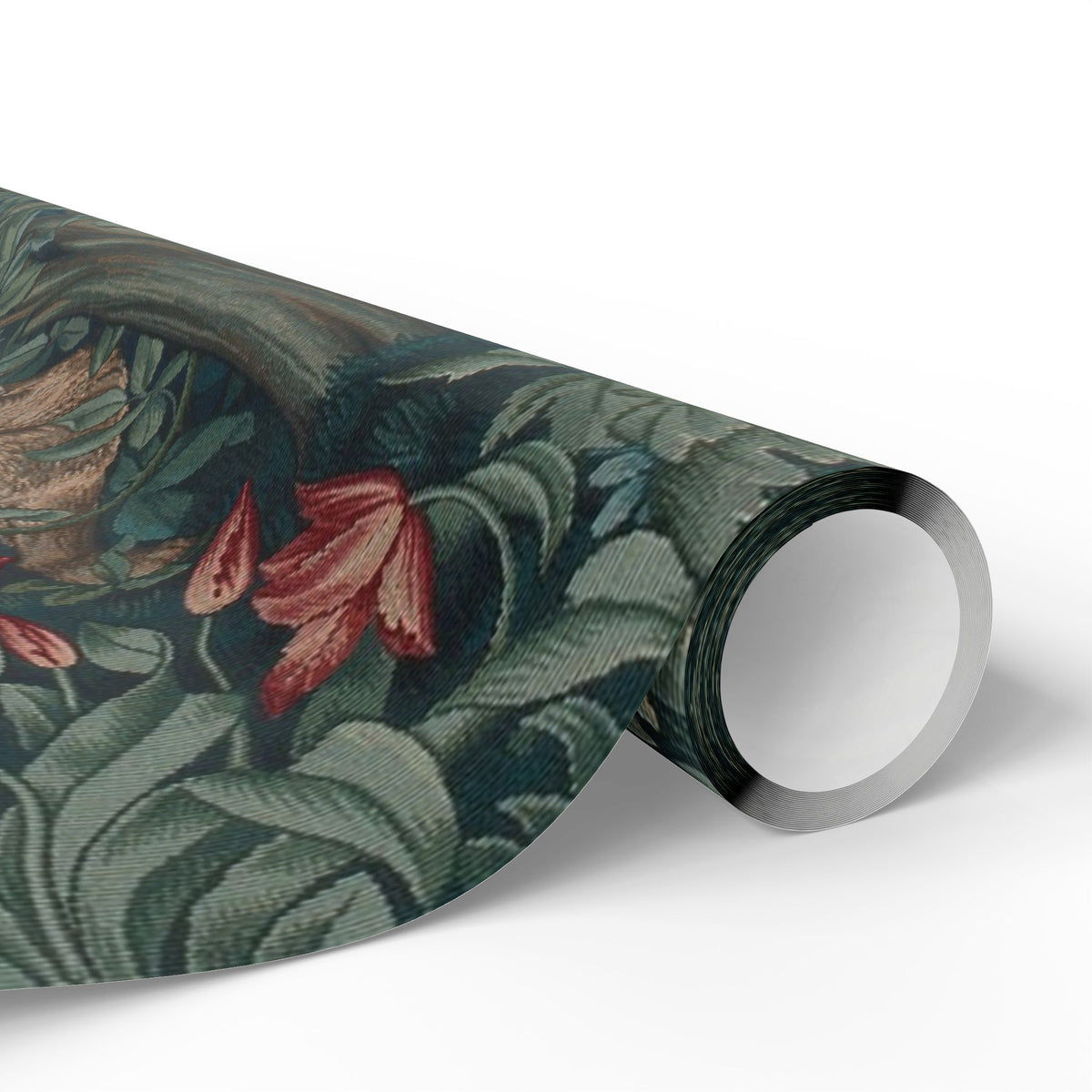 Roll of floral-patterned wallpaper on a white background