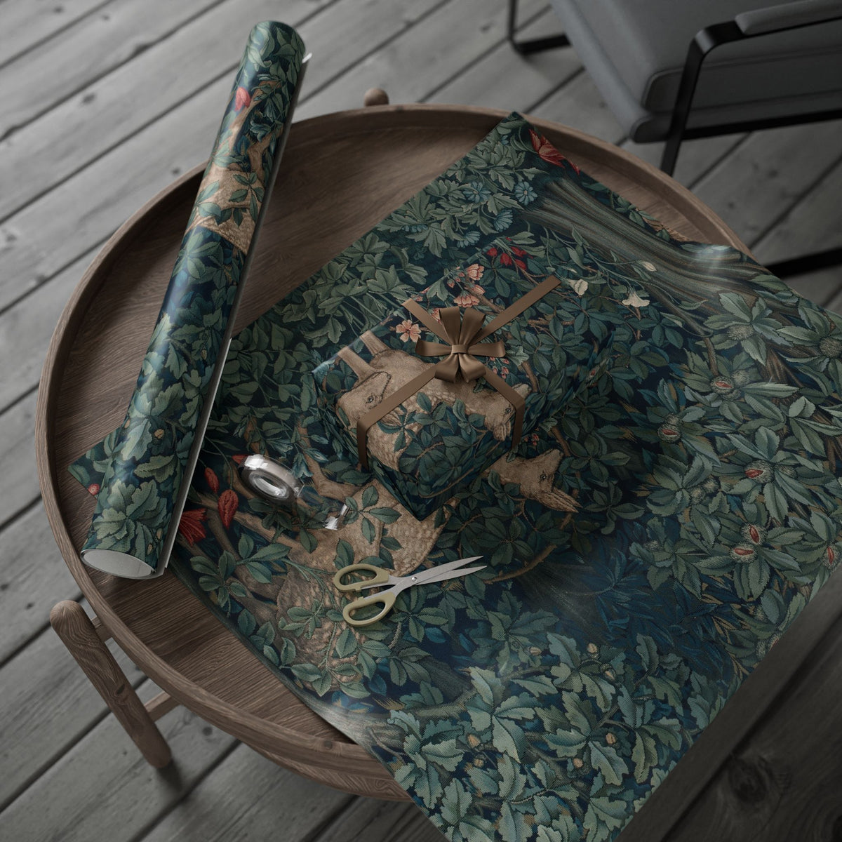Floral-patterned fabric on a wooden tray with scissors on a wooden surface