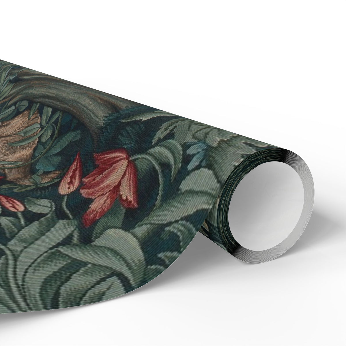 Roll of decorative paper with floral and nature design on a white background