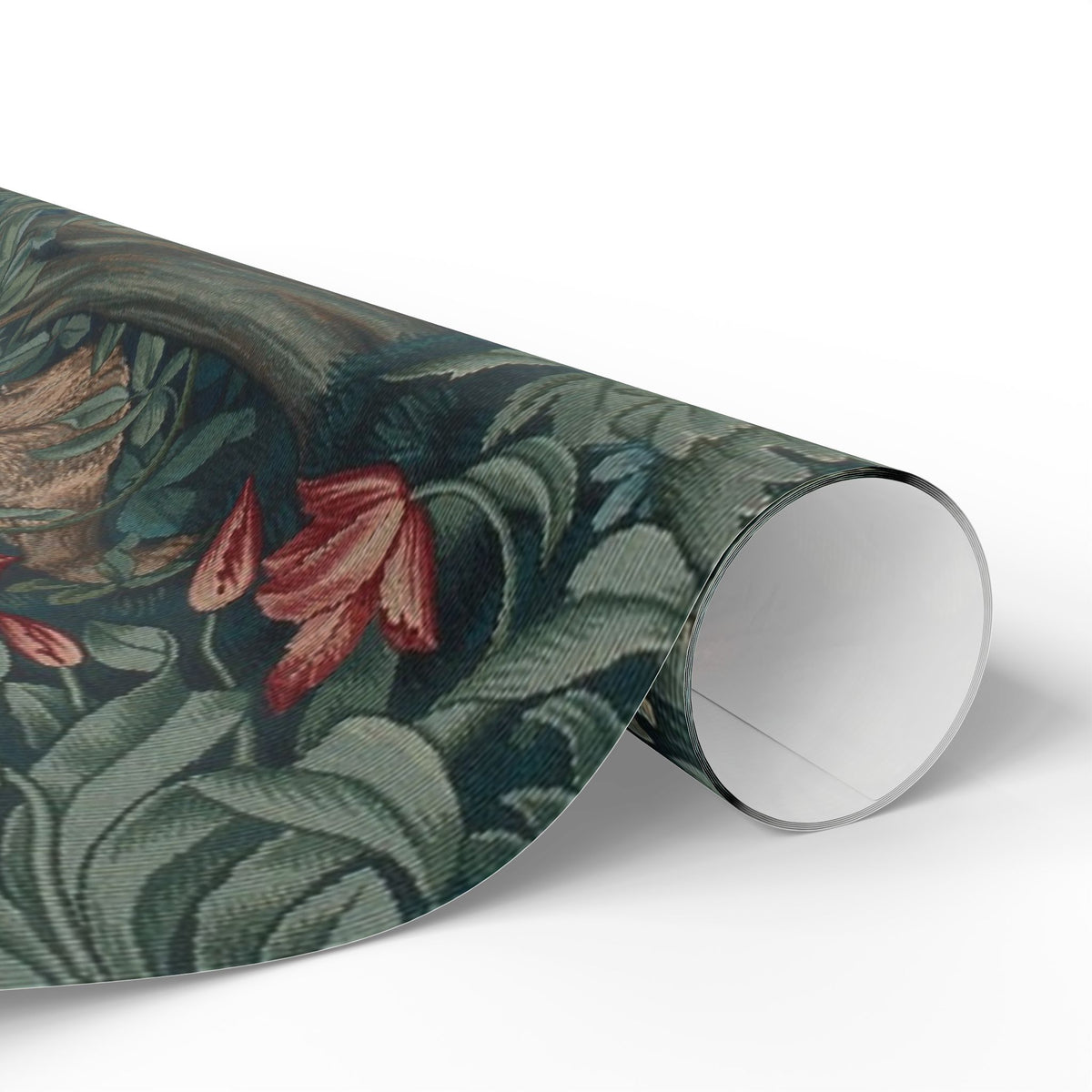 Roll of floral and bird patterned wallpaper on a white background