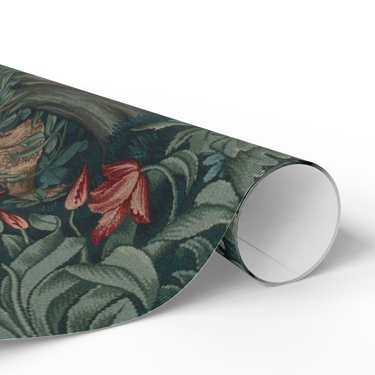 Roll of floral patterned paper on a white background