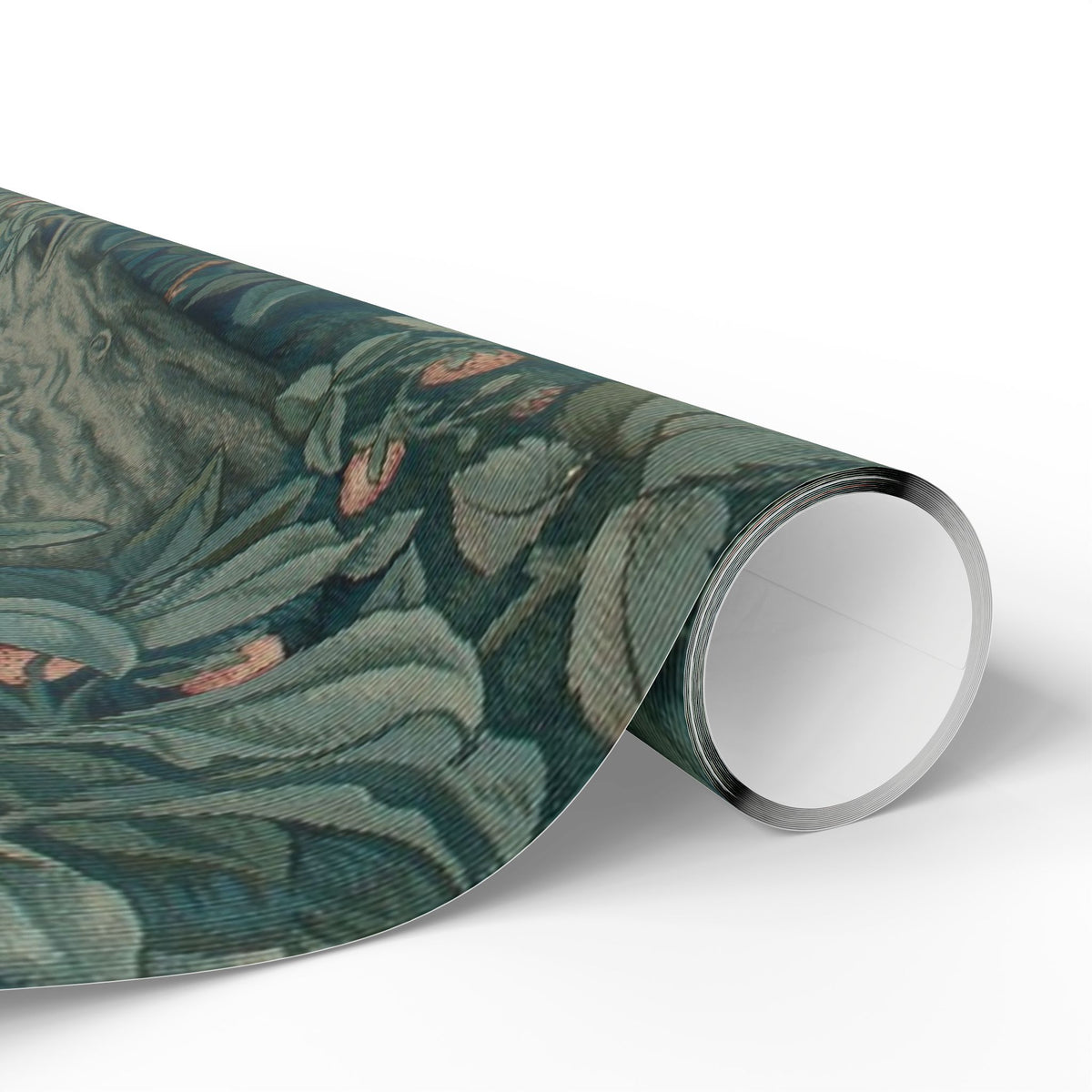 Roll of green floral patterned paper on a white background