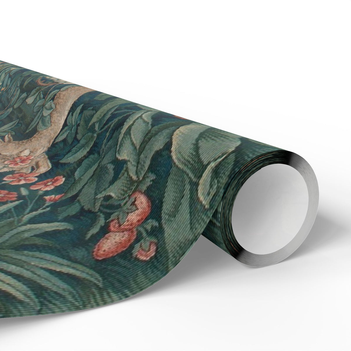 Roll of wallpaper with a nature-themed design on a white background