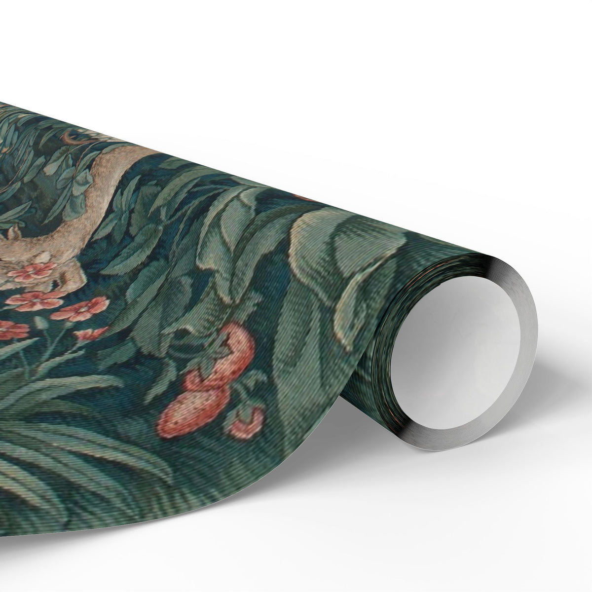 Roll of wallpaper with nature-themed design on a white background
