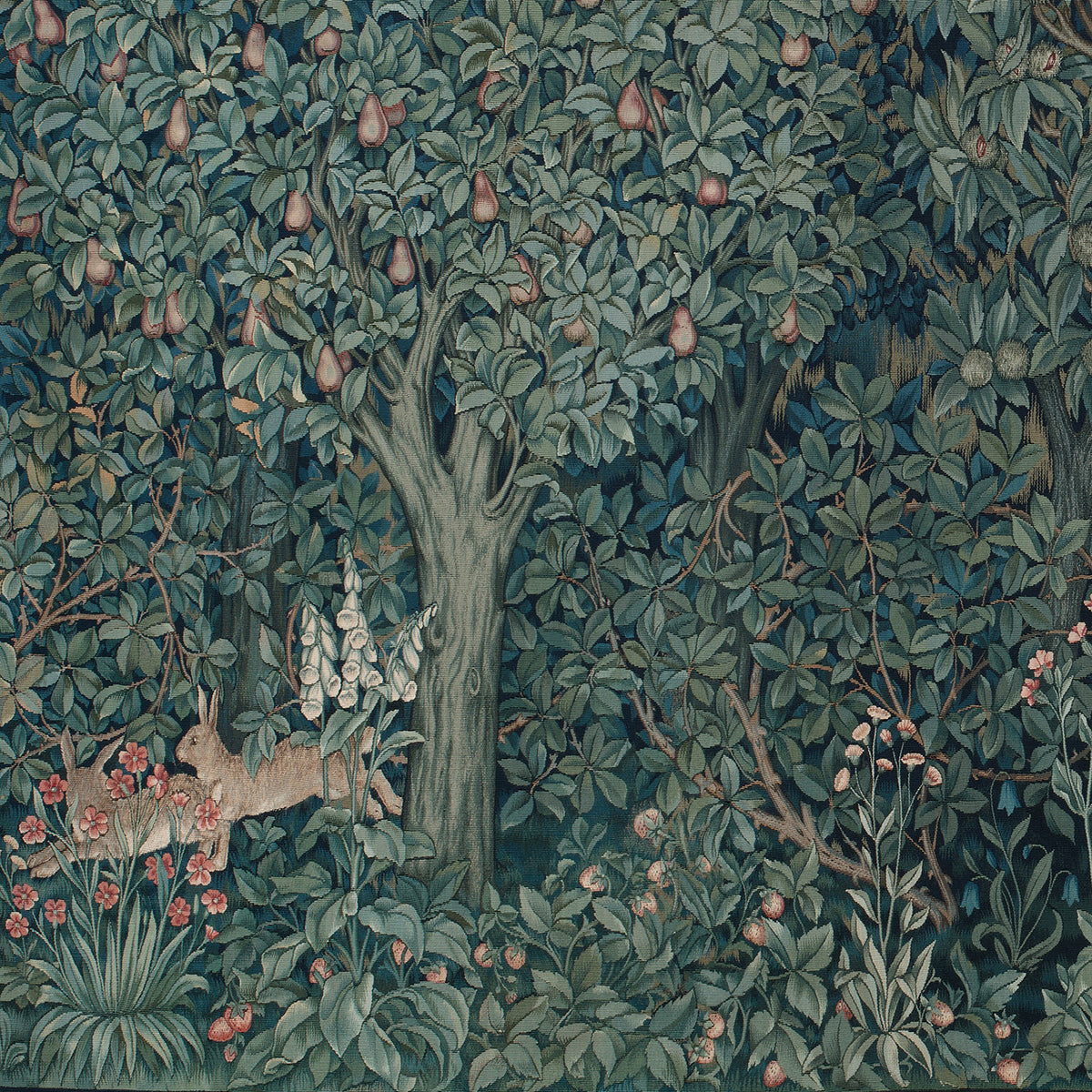 Folk art depiction of rabbits among trees and foliage with fruits.