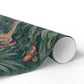 Roll of wallpaper with nature-themed design on a white background