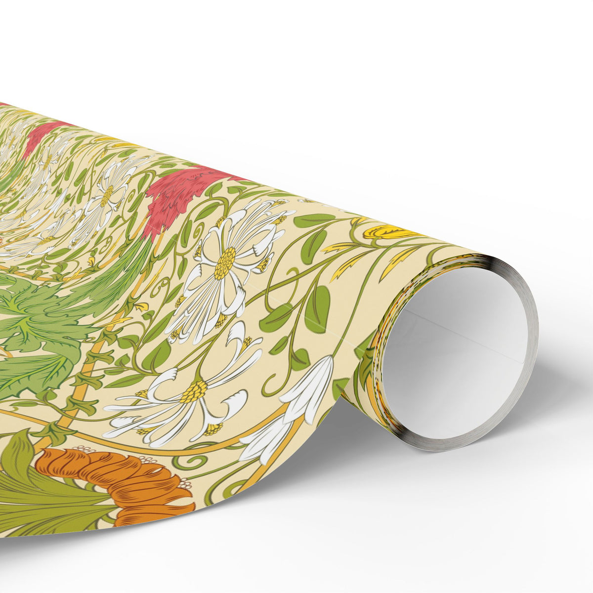 Roll of floral-patterned paper with a white background