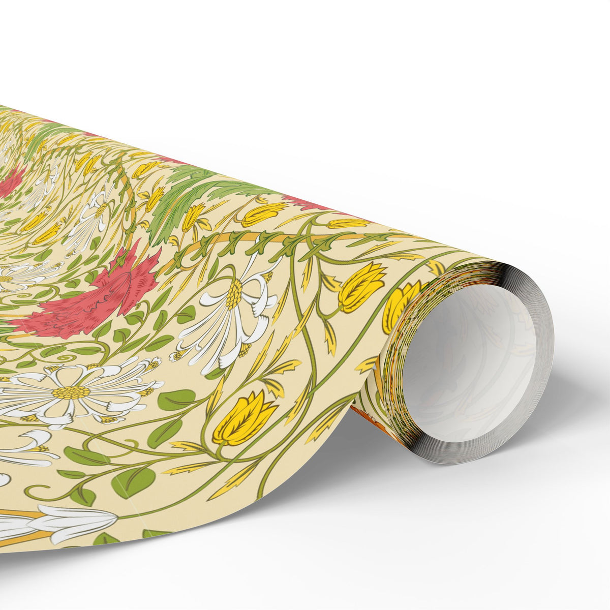 Roll of floral-patterned paper on a white background