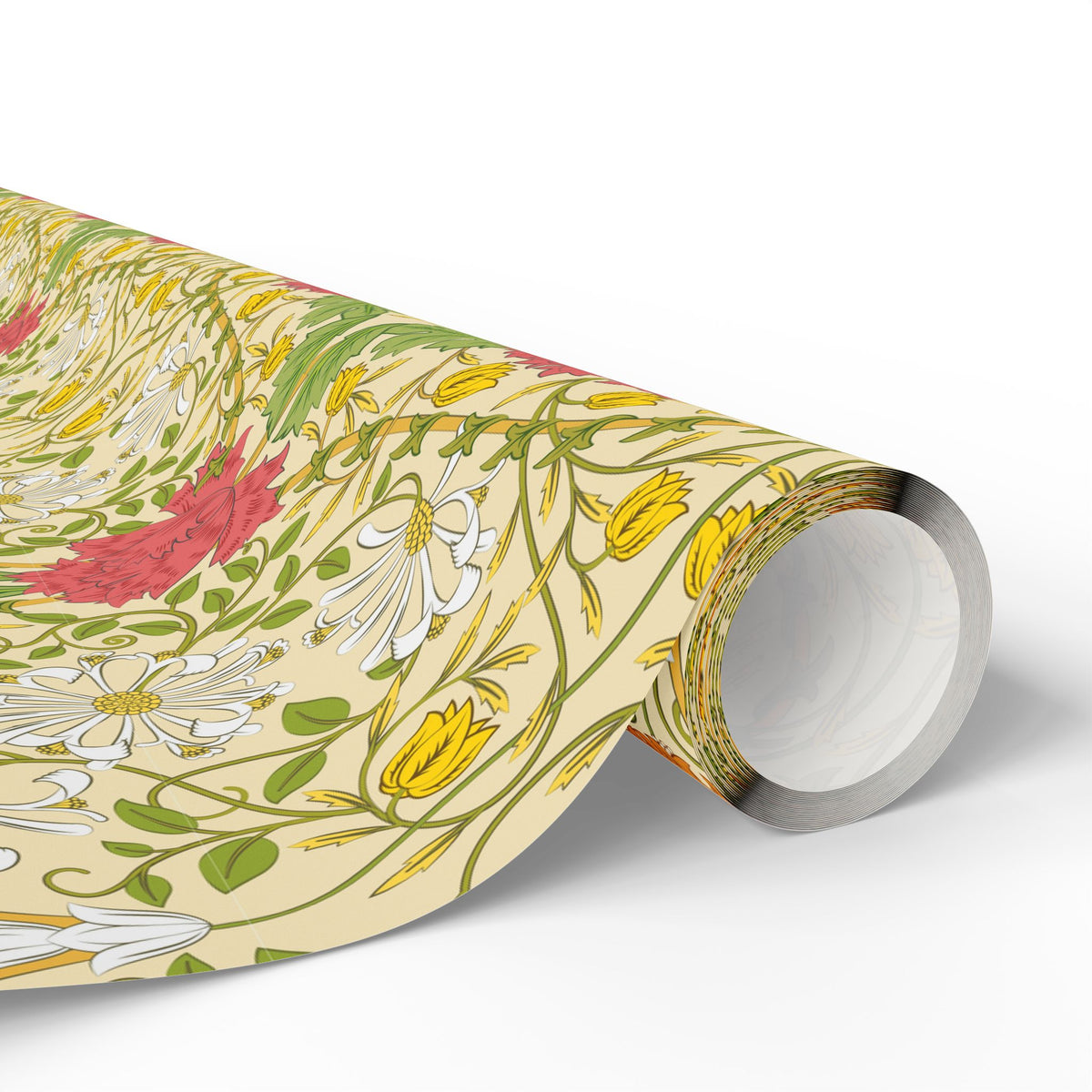 Roll of floral-patterned paper on a white background