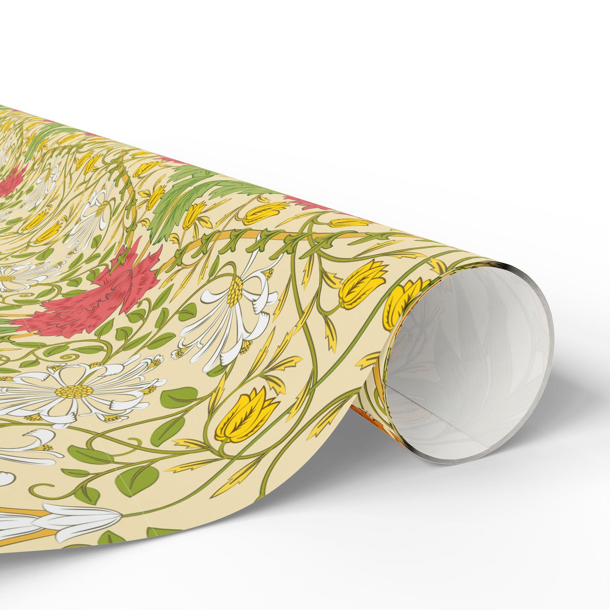 Roll of floral-patterned paper on a white background