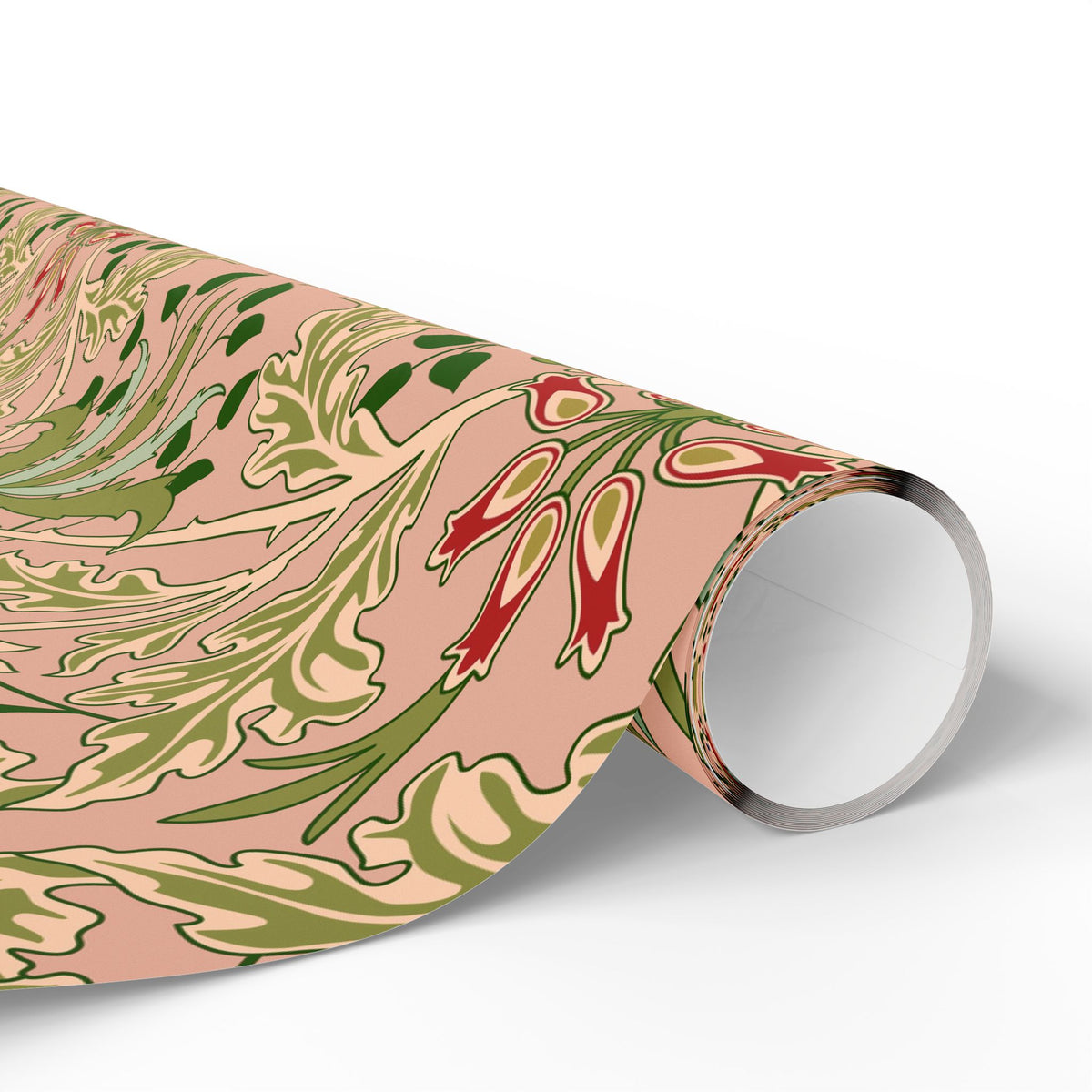 Roll of decorative paper with a floral pattern on a white background