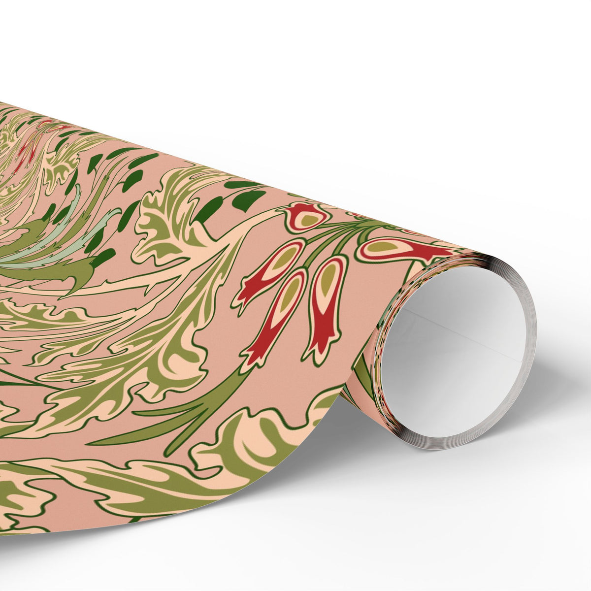 Roll of decorative paper with a floral pattern on a white background