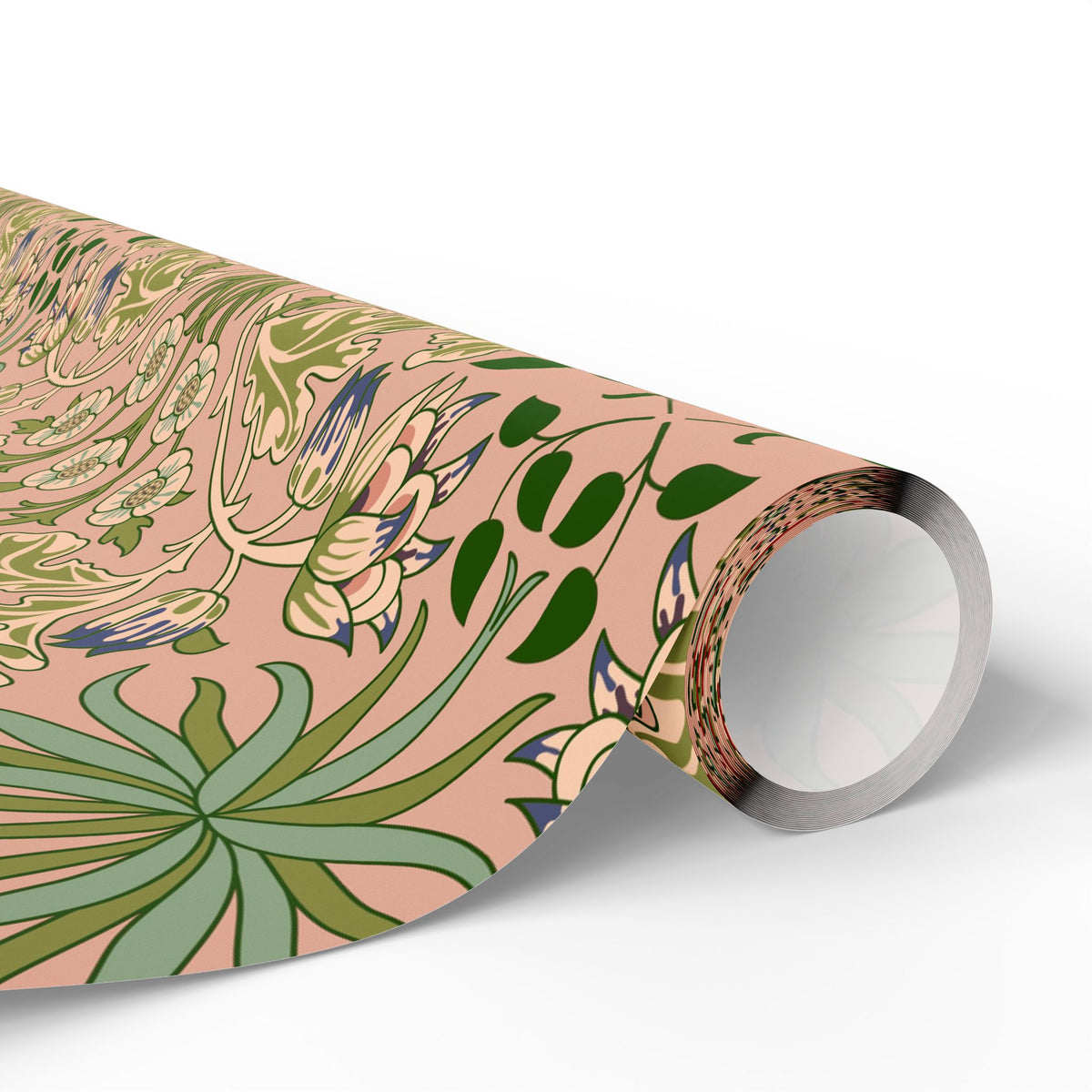 Roll of floral-patterned paper with green leaves and pink background on a white background