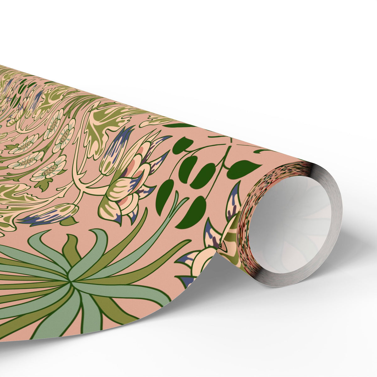 Roll of floral-patterned paper with green leaves and pink background on a white background