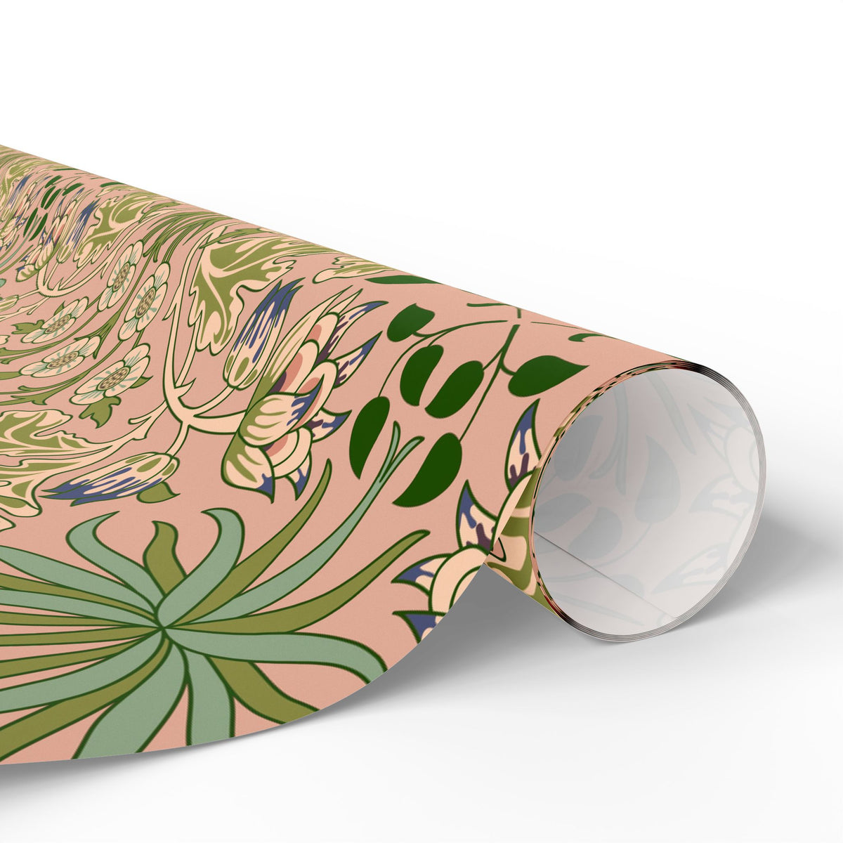 Roll of floral-patterned paper with green leaves and pink background