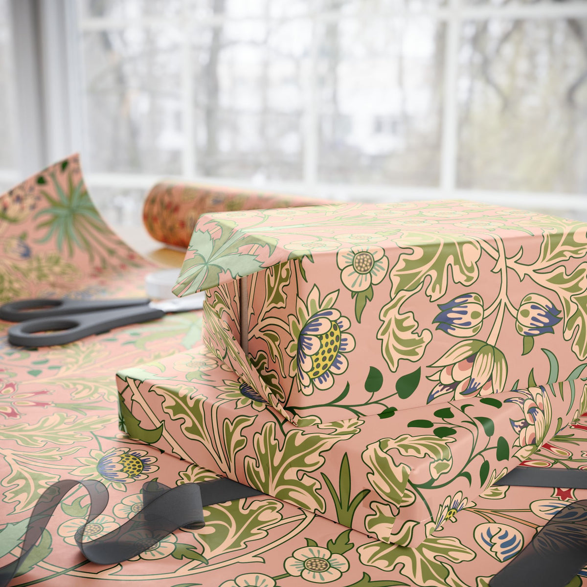 Floral-patterned gift wrap with scissors on a table