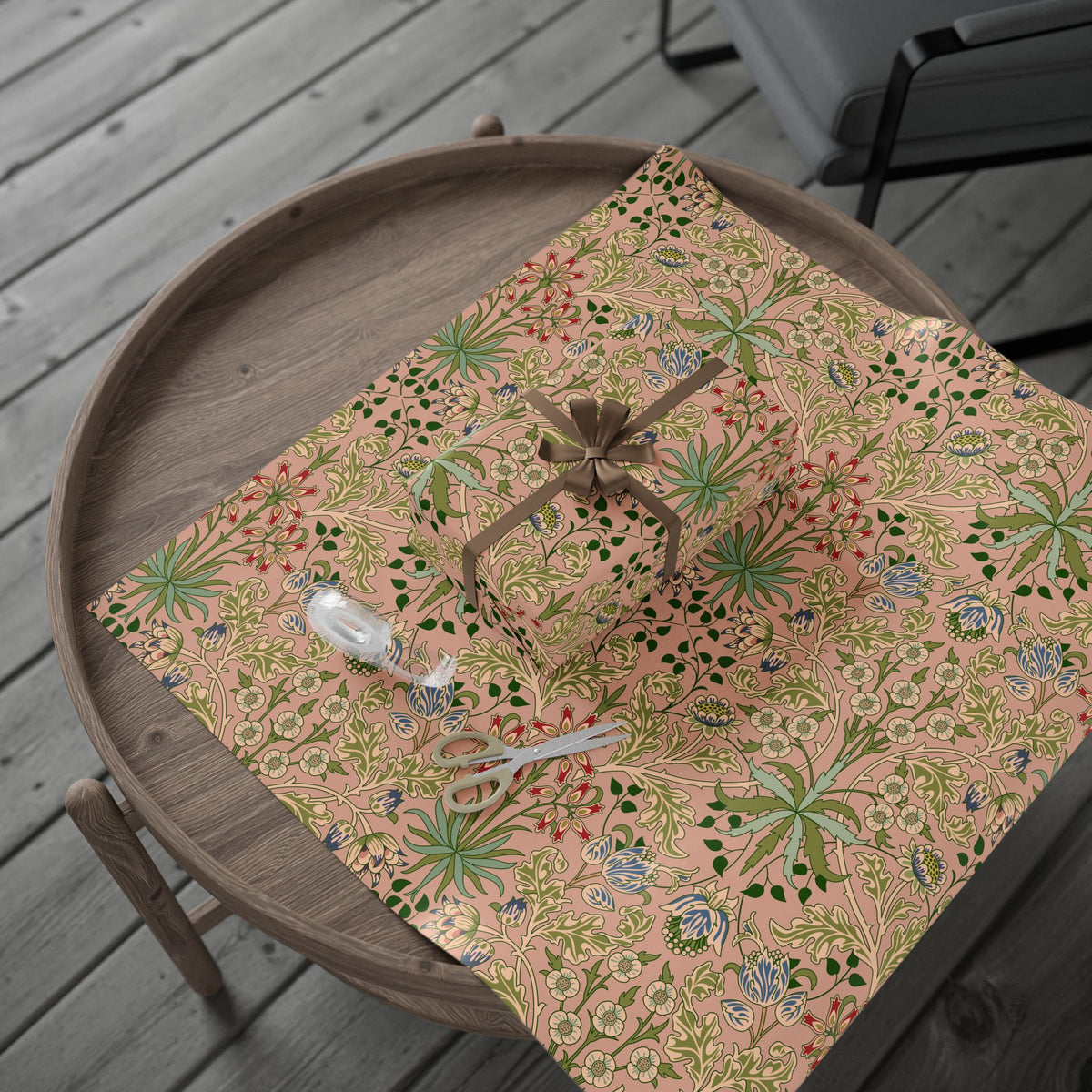 Decorative table runner with floral pattern on a wooden table