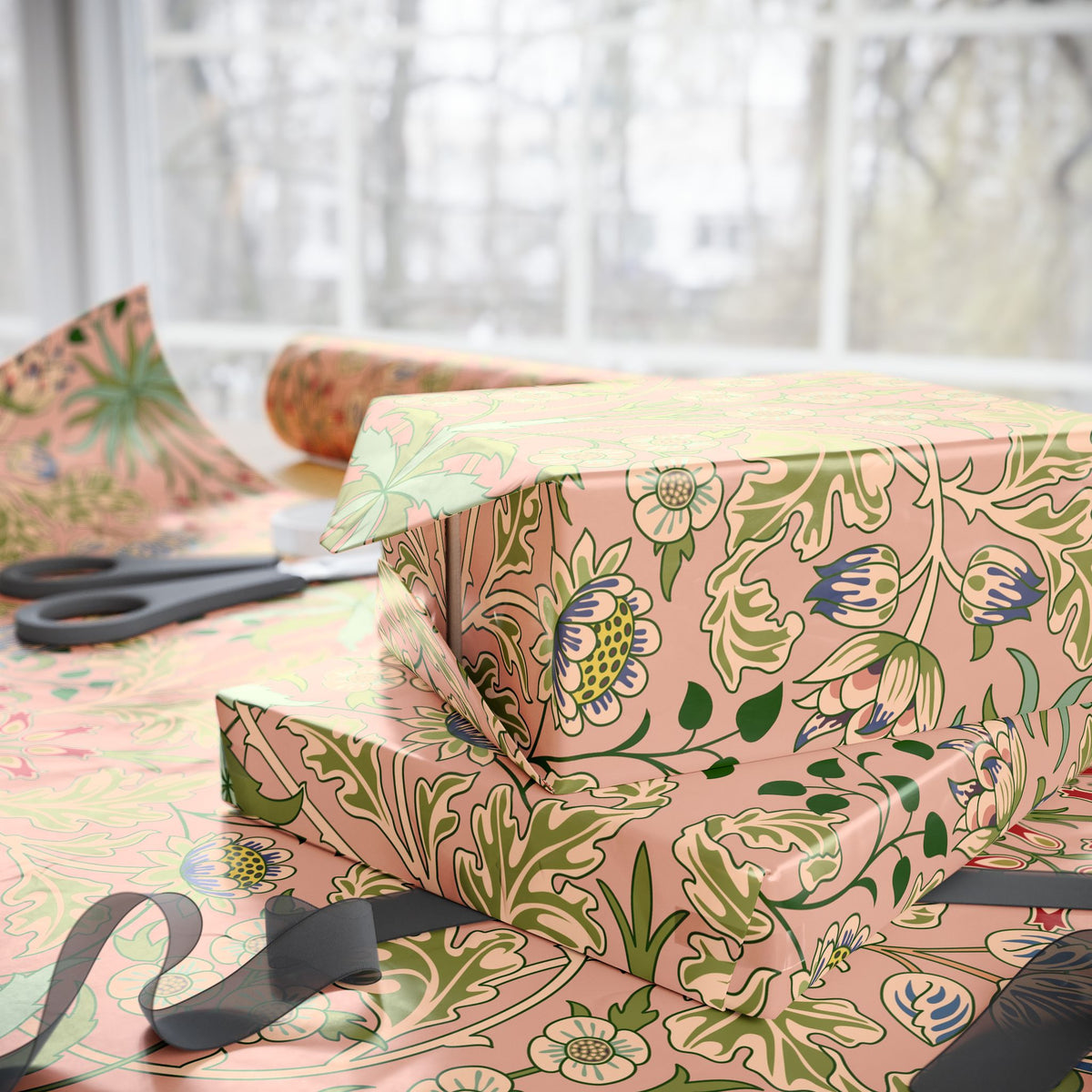 Gift wrapped in floral patterned paper with a ribbon on a table.