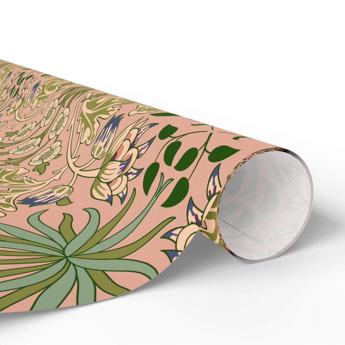 Roll of floral-patterned paper with green leaves and pink background