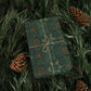 Gift wrapped in green patterned paper with string, surrounded by pine branches and cones.
