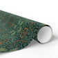 Roll of green patterned paper with orange accents on a white background