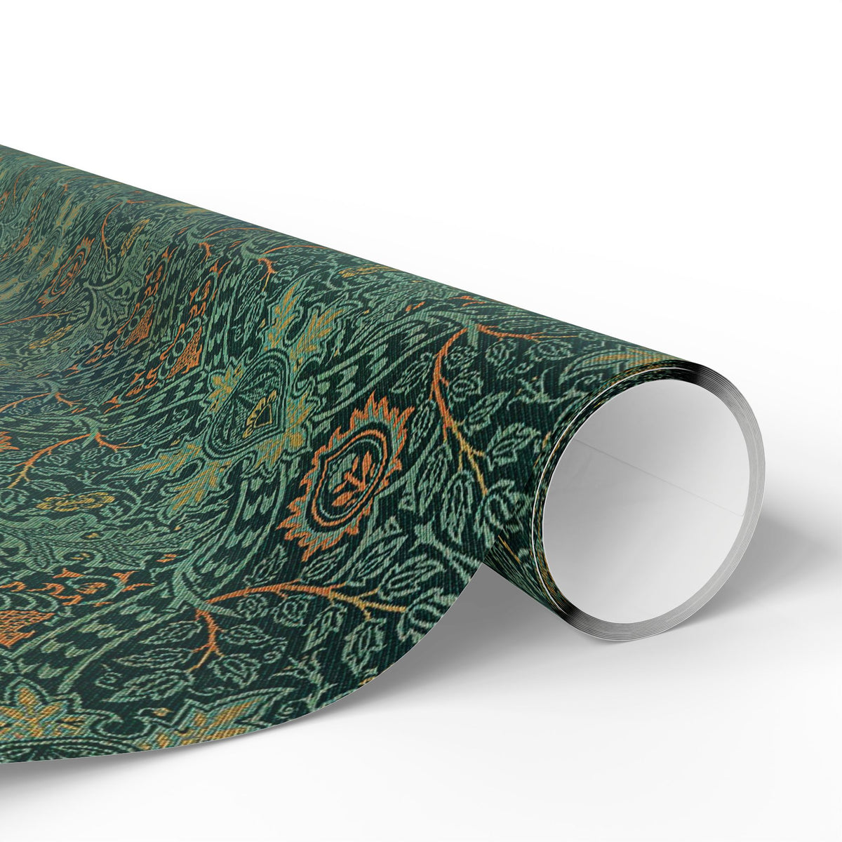 Roll of green patterned paper with orange accents on a white background