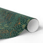 Roll of green patterned paper on a white background