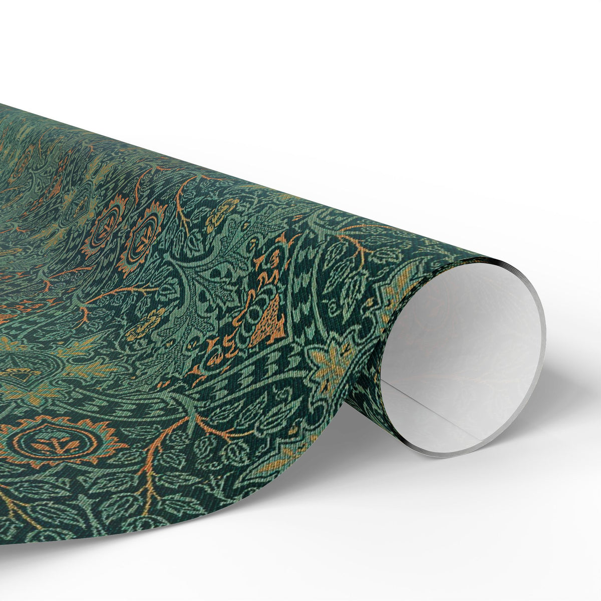 Roll of green patterned paper on a white background