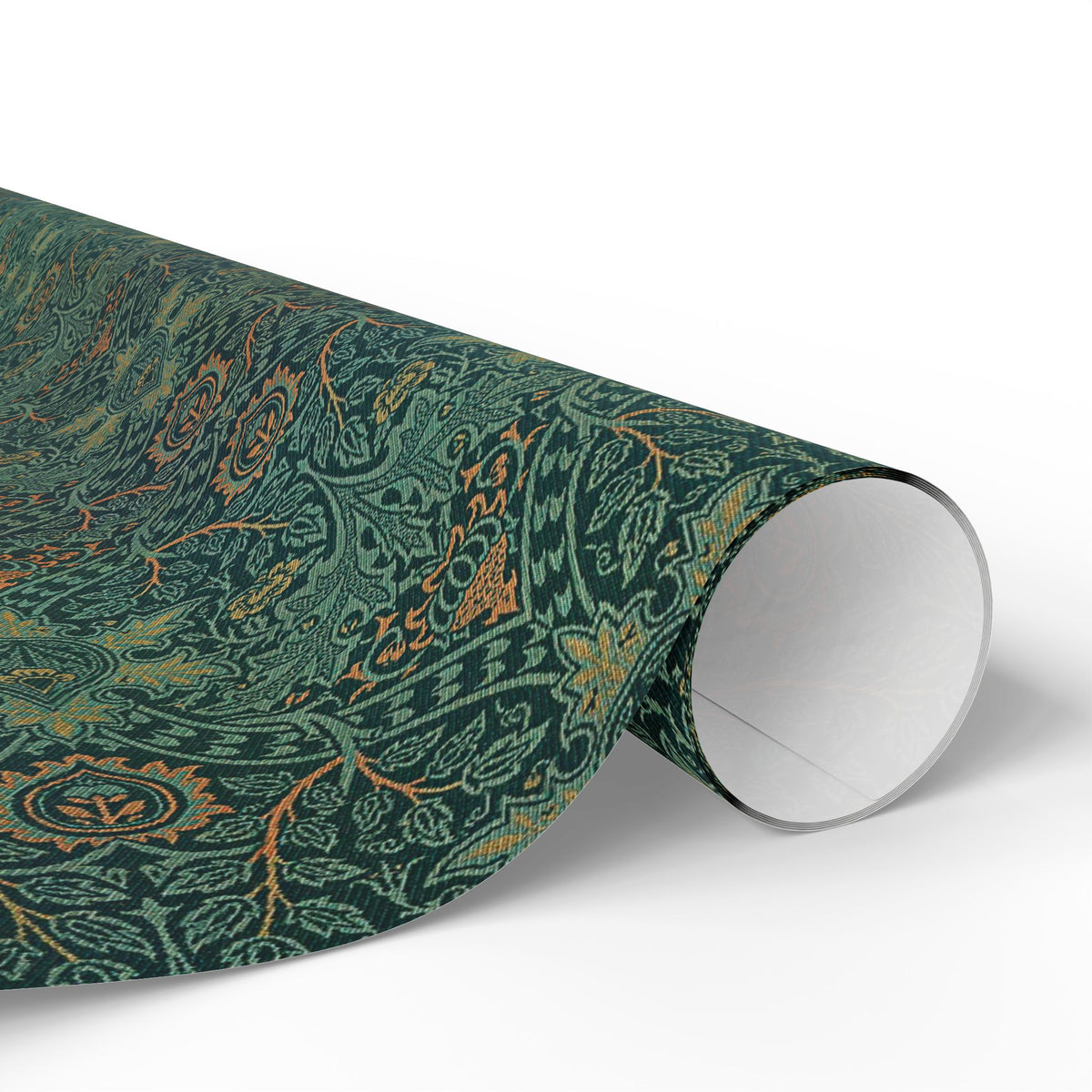 Roll of green patterned paper on a white background